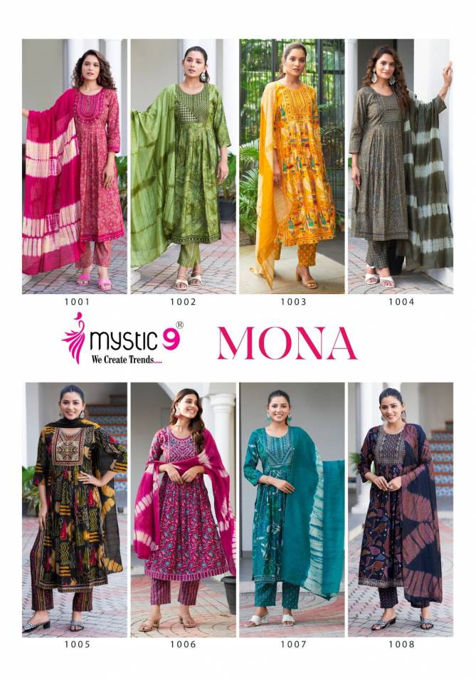 Mona Vol 1 By Mystic 9 Foil Print Embroidery Kurti With Bottom Dupatta Wholesale Price In Surat
